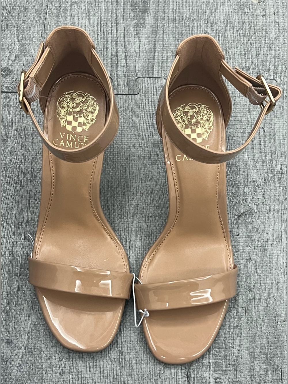 Vince Camuto Beige Patent Leather Ankle Strap Buckle Block Heel Sandals US 8